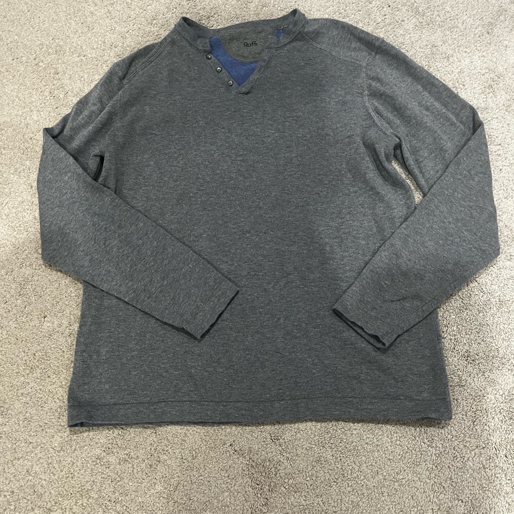 Raffi Mens Small Gray with Blue Trim Long Sleeve Lightweight Pullover Sweater